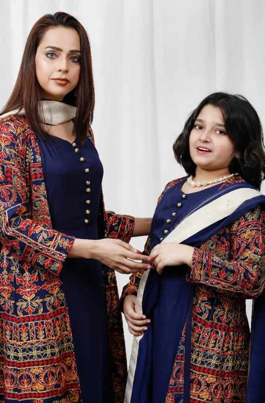 SOFIA KHAS | Embroidered Linen Mother & Daughter Readymade | JS163 (Navy) - NTBR