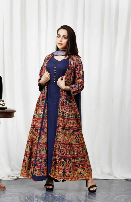 SOFIA KHAS | Embroidered Linen Mother & Daughter Readymade | JS163 (Navy) - NTBR